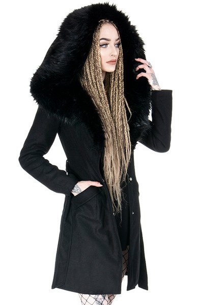 ARCANUM COAT Black gothic winter coat with oversized fur hood
